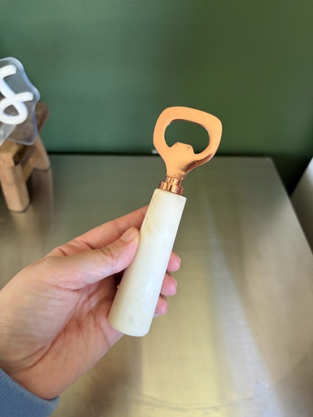 White Marble Handle Bottle Opener with Rose Gold Head